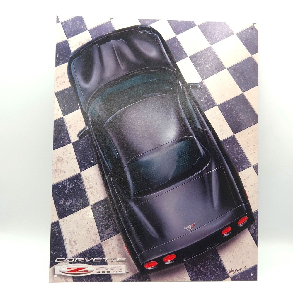 Black Corvette Z 06 405 HP on Black & White Checkerboard 12.5" x 16" Tin Sign GM